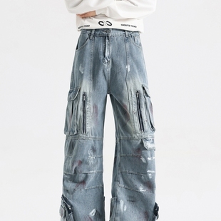 复古泼墨工装 baggy街头宽松做旧水洗阔腿长裤 牛仔裤 秋季 男款 美式