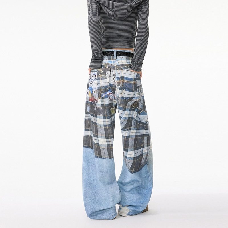 美式格纹拼接3D印花牛仔裤男女破洞水洗复古街头宽松阔腿直筒长裤,男装,卫裤,淘宝优惠券,粉丝福利购,淘宝优惠卷