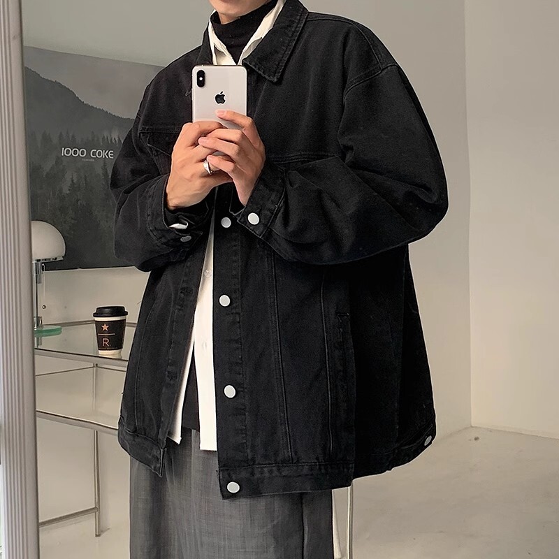 黑色美式牛仔夹克男2024秋冬复古翻领工装外套重磅情侣款休闲上衣