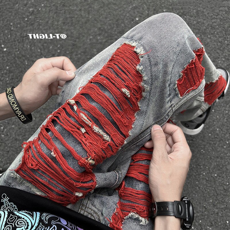 原创高街美式裤子潮牌男欧美街头ins潮牌红线破洞牛仔裤宽松直筒