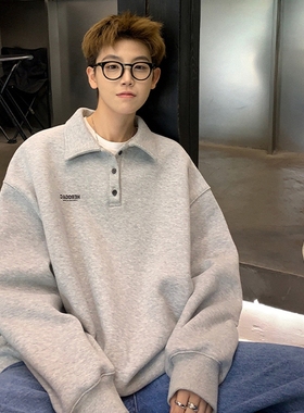 日系polo衫长袖翻领重磅卫衣男ins潮春秋潮牌无帽灰色美式plol衫