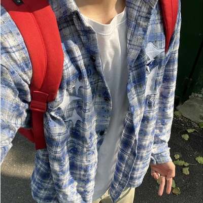 蓝色格子衬衫男春夏潮牌