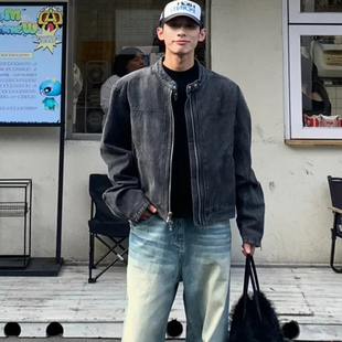 cleanfit短款正肩牛仔外套男款春秋季潮牌高级感小众无领机车夹克
