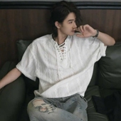 老钱风镂空提花绑带v领短袖 高级感痞帅t恤设计感小众半袖 男款 夏季