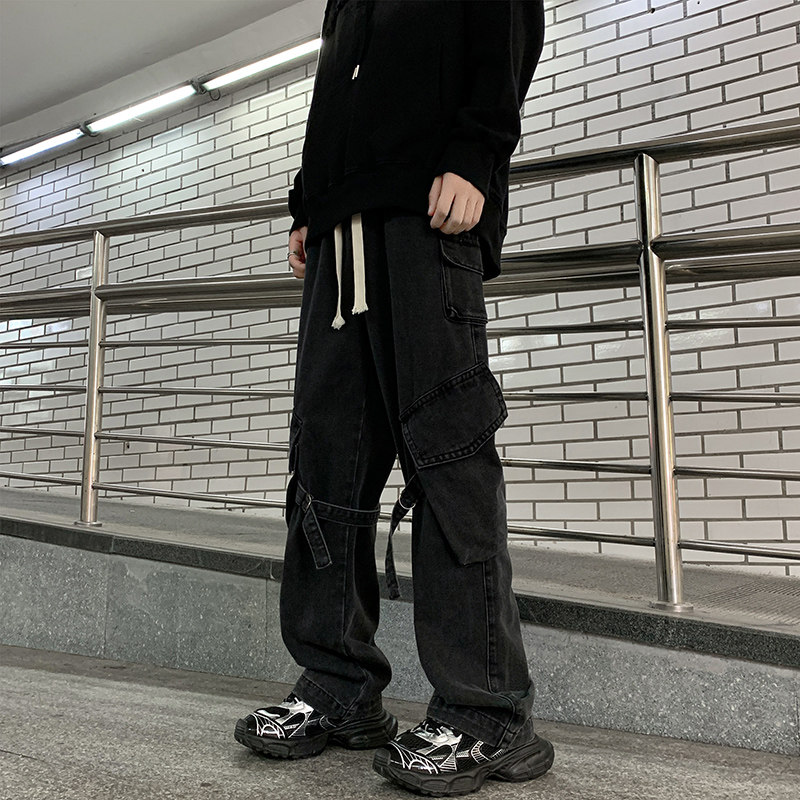 남아용 가을 겨울 청바지 루즈한 스트레이트 레그 아메리칸 레트로 하이 스트리트 멀티 포켓 트렌디 브랜드 신축성 있는 와이드 레그 카고 바지