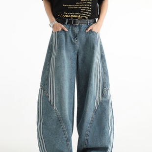 弯刀牛仔裤男款秋季潮牌三条杠设计感阔腿裤美式高街宽松拖地长裤