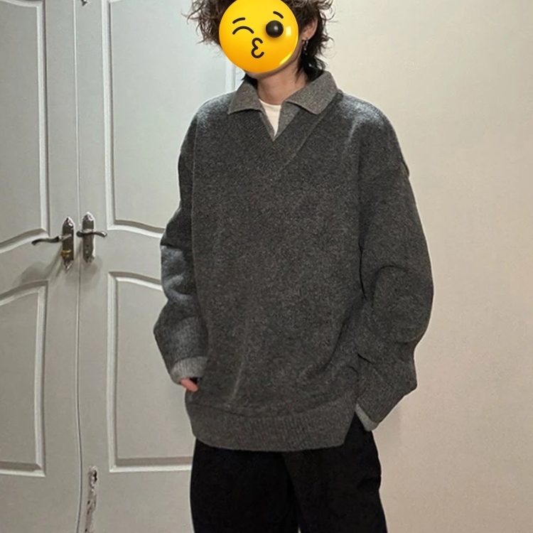 韩系假两件polo领毛衣男款