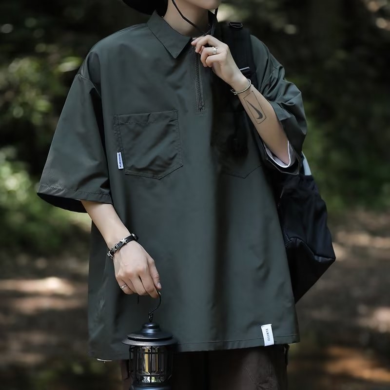 日系半拉链POLO衫短袖男士