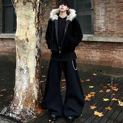 美式复古毛领连帽棉服秋冬