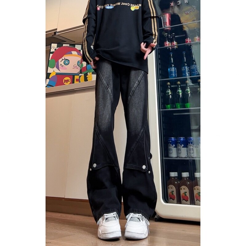 欧美解构排扣拼接工装牛仔裤图片