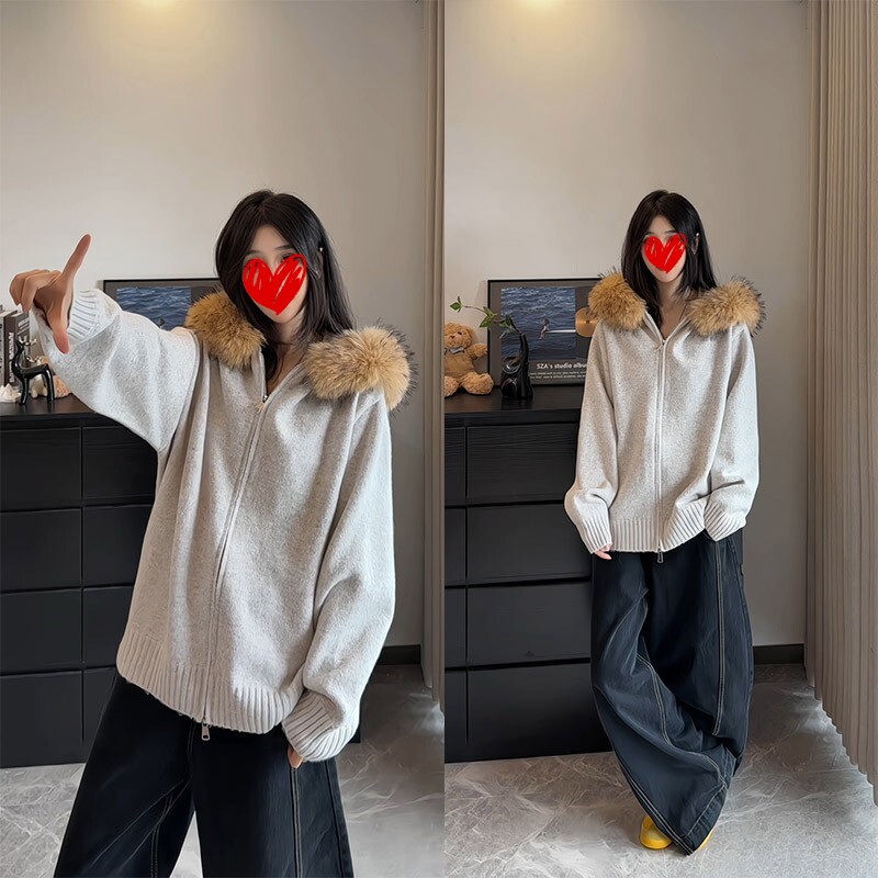 美式大毛领开衫毛衣2025秋冬chic松弛感针织衫情侣卫衣休闲上衣男