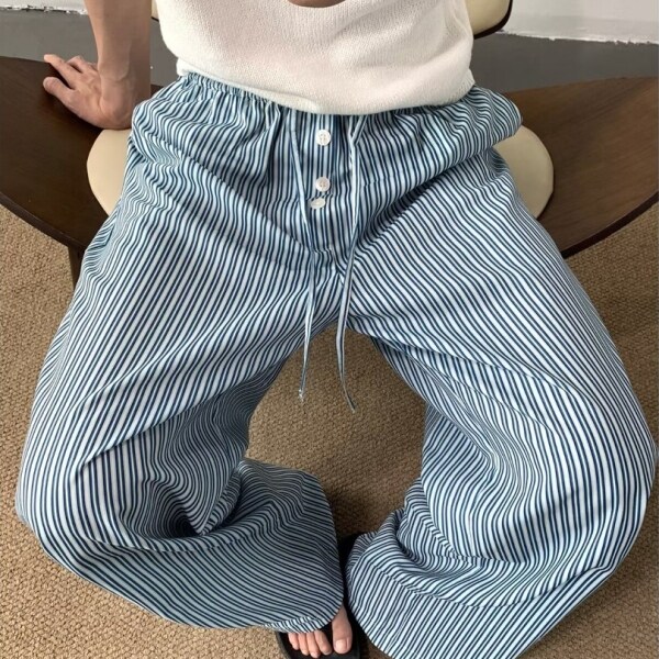 夏季薄款休闲慵懒条纹长裤男女款图片