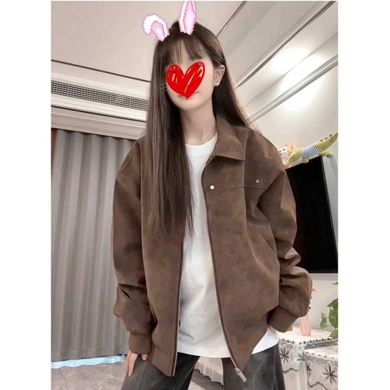 咖棕色美式复古皮衣外套