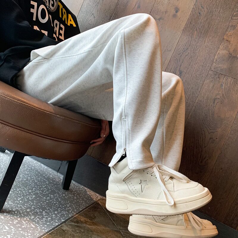 浅灰色裤脚拉链卫裤男2024新款秋冬加绒痞帅运动裤高级感修身裤子