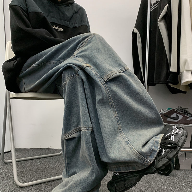 水洗做旧宽松直筒微喇阔腿休闲