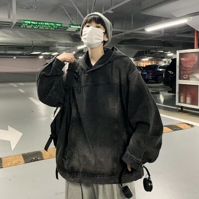 美式水洗复古牛仔连帽宽松卫衣