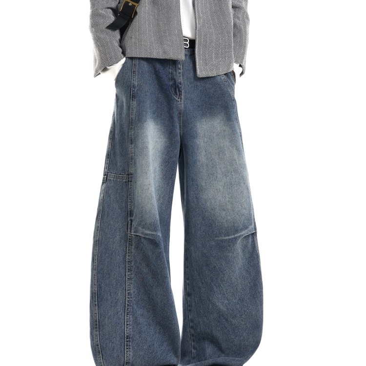 打褶解构水洗宽松牛仔裤男