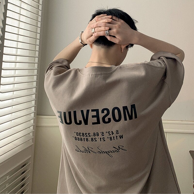 아메리칸 레트로 240G 헤비급 카키색 티셔츠 남성용 여름 작은 네크라인 반팔 티셔츠 전국 트렌드 커플 착용 7부소매