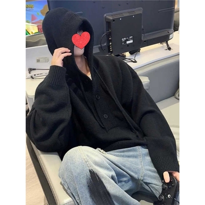 美式黑色连帽毛衣男款秋冬季