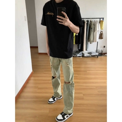 黄泥色超火破洞牛仔裤男