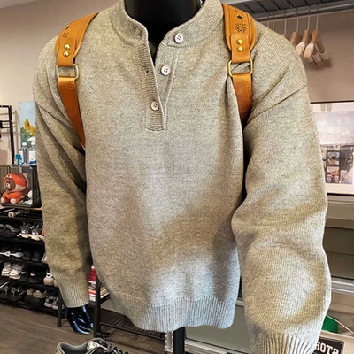 灰色美式亨利领针织毛衣男