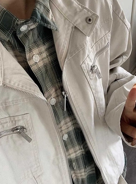 vintgae拉链牛仔外套男春秋款美式复古工装上衣高级感哈灵顿夹克