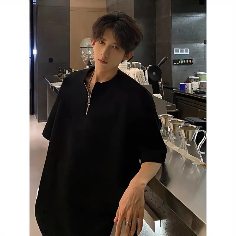 黑色半拉链短袖polo衫男款