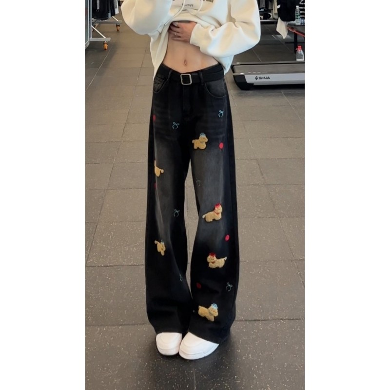 美式复古小狗刺绣阔腿牛仔裤男女2026年春季新款宽松直筒拖地裤子,男装,卫裤,淘宝优惠券,粉丝福利购,淘宝优惠卷