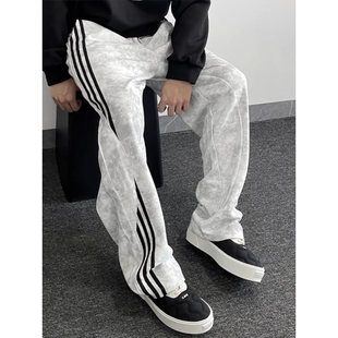 美式扎染加绒条纹裤子男秋冬季三条杠重磅弯刀卫裤直筒运动休闲裤