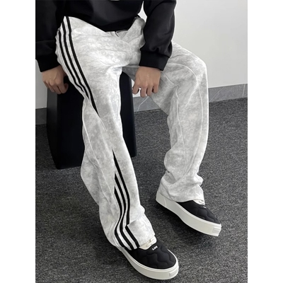 美式扎染加绒条纹裤子男秋冬季