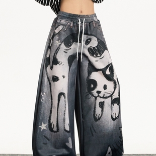 男街头小众宽松水洗涂鸦阔腿弯刀裤 美式 手绘慵懒猫咪3D印花牛仔裤