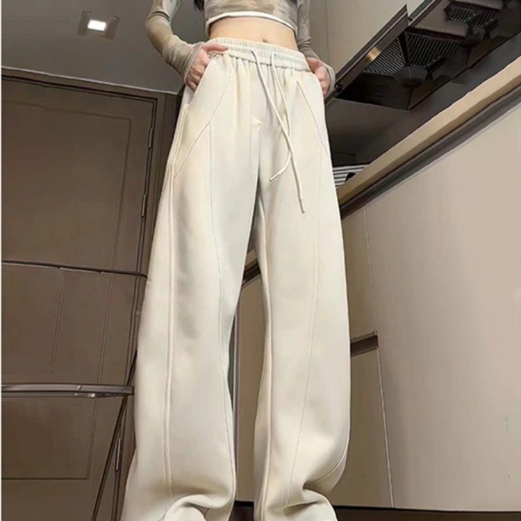 米白色弯刀阔腿卫裤男女同款春秋高腰抽绳裤子垂感宽松直筒休闲裤