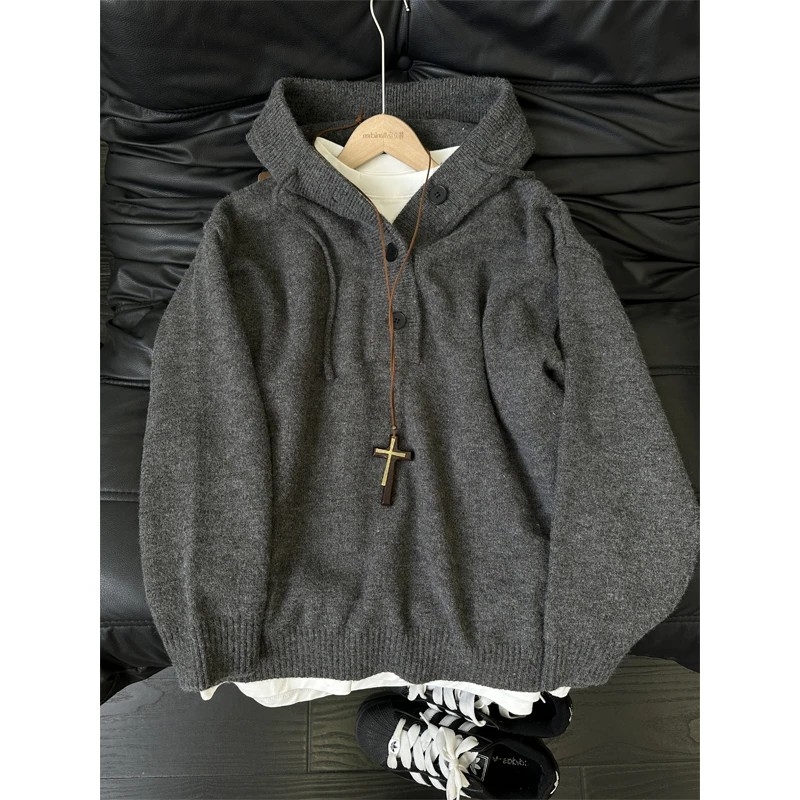深灰色重磅连帽针织衫男