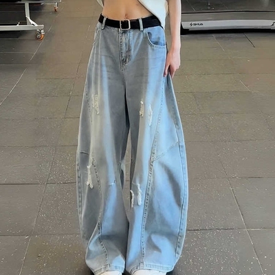 浅蓝色破洞牛仔裤男美式高街