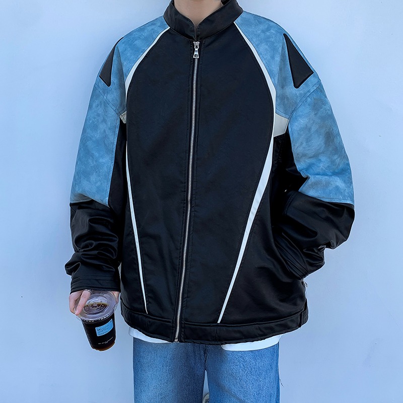 美式复古vintage赛车服男秋季PU皮衣夹克高级设计感痞帅机车外套