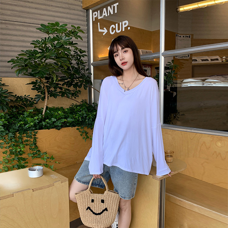 莫代尔落肩长袖女宽松V字大领口T恤女夏季大码轻薄透气防晒t恤衫