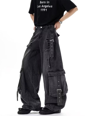 秋冬款美式街头风男女高腰阔腿牛仔裤多口袋设计加厚重工水洗长裤