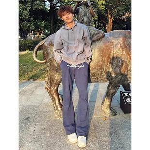 阿拉伯文刺绣设计运动百搭卫裤男女美式藏蓝显瘦微喇休闲长裤子潮