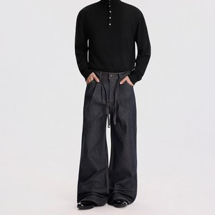 美式复古剑道双打褶原牛A字阔腿牛仔裤男微喇直筒垂感休闲长裤子