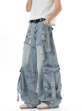 美式高街多口袋弯刀牛仔裤男款早秋季复古宽松直筒阔腿百搭长裤潮