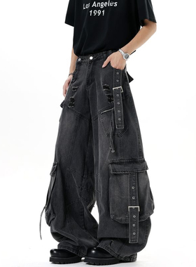 秋冬款美式街头风男女高腰阔腿牛仔裤多口袋设计加厚重工水洗长裤