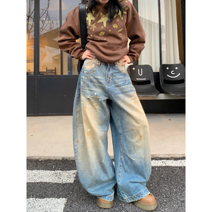 美式复古做旧水洗黄弯刀牛仔裤男女街头宽松廓形堆积感休闲长裤子