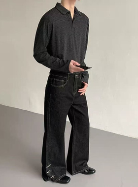 美式ins黑色水洗设计感牛仔裤男女潮牌宽松飞机扣百搭阔腿弯刀裤