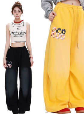2025美式街头磨白喷漆字母休闲卫裤男街舞运动高腰黄色直筒阔腿裤