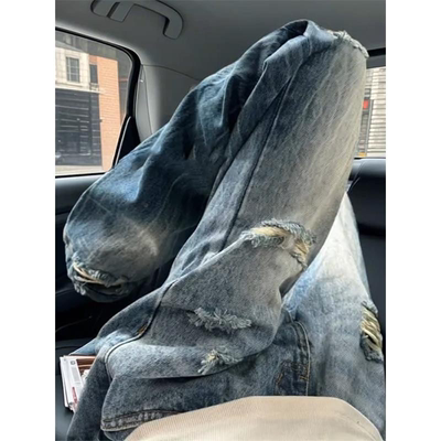 美式复古vibe高街浅蓝色闪电纹破洞牛仔裤男女款春夏季直筒微喇裤