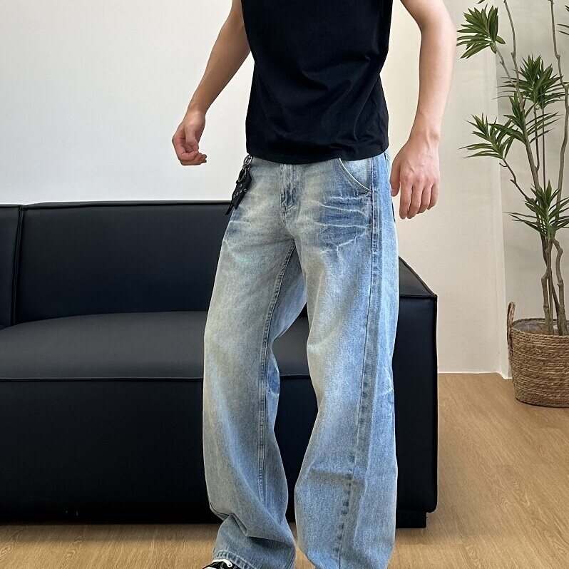 美式cleanfit直筒牛仔裤高街折痕复古水洗蓝色休闲长裤子男女款潮
