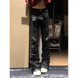 cleanfit黑色拼接皮微喇牛仔裤男亚比工装裤美式高街长裤vibe裤子