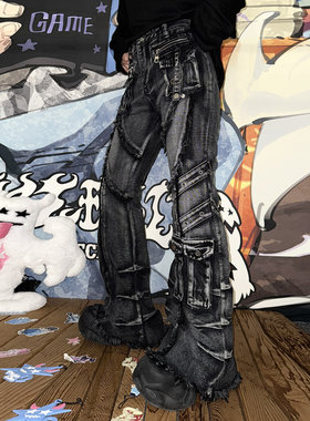 美式复古高腰牛仔裤男女款修身直筒设计感街头风休闲高街保暖裤子