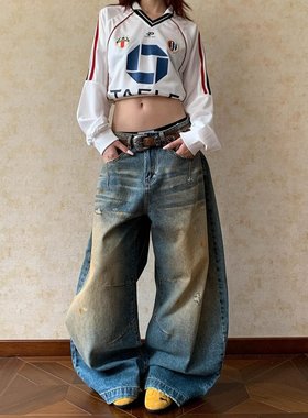 Apocket美式复古做旧水洗黄弯刀牛仔裤女街头宽松廓形堆积感裤子