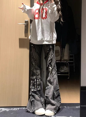 2025新款美式高街复古水洗微喇牛仔裤男高街设计感毛边工装休闲裤